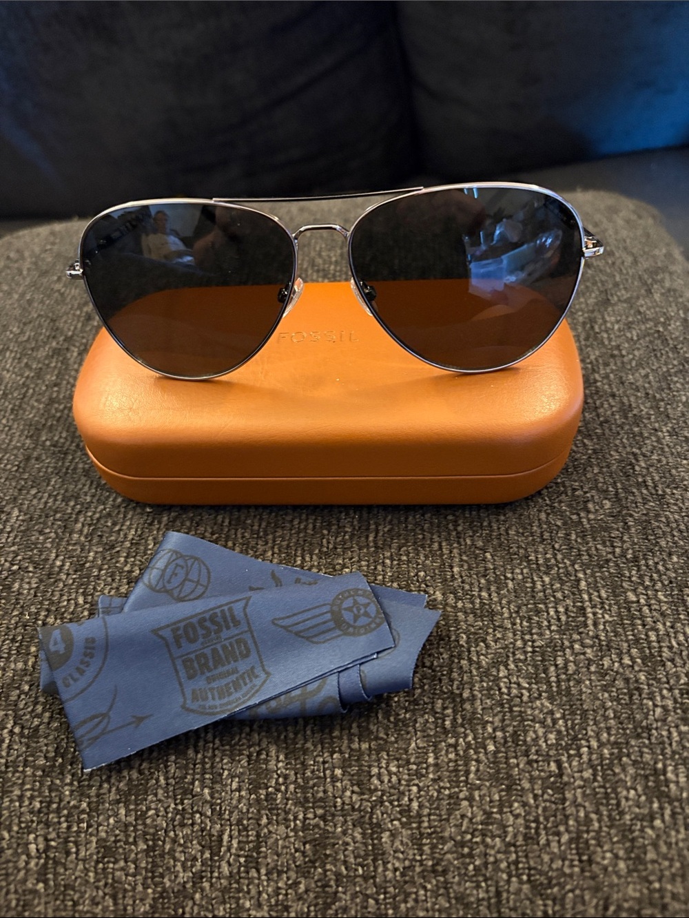 Fossil Silver Aviator Sunglasses with Brown Lenses